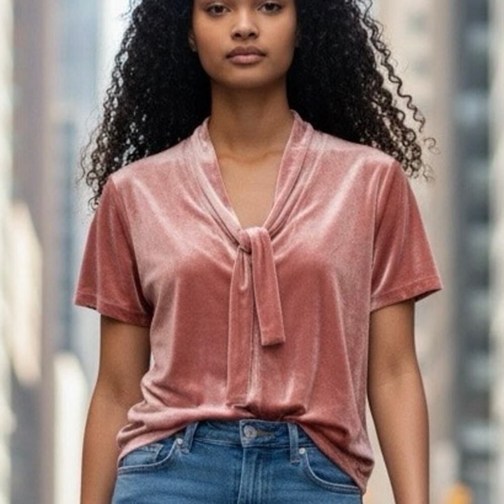 Madewell Velvet Top V Neck Tie Short Sleeve Peach Orange Womens Sz Med